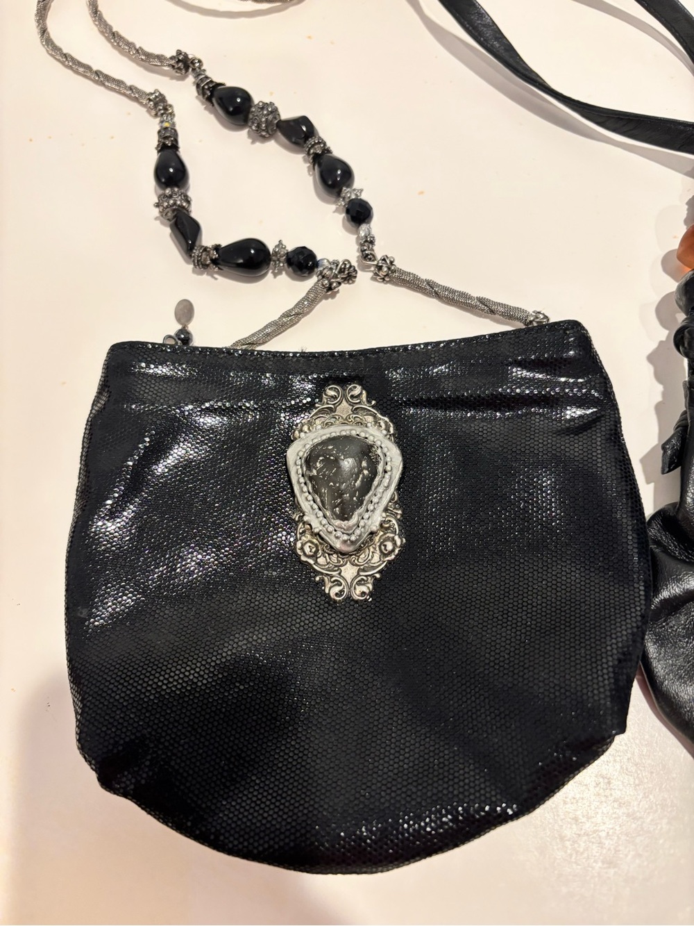 Maya Evangelista Black Beaded Crossbody Bag with Silver-tone Accent